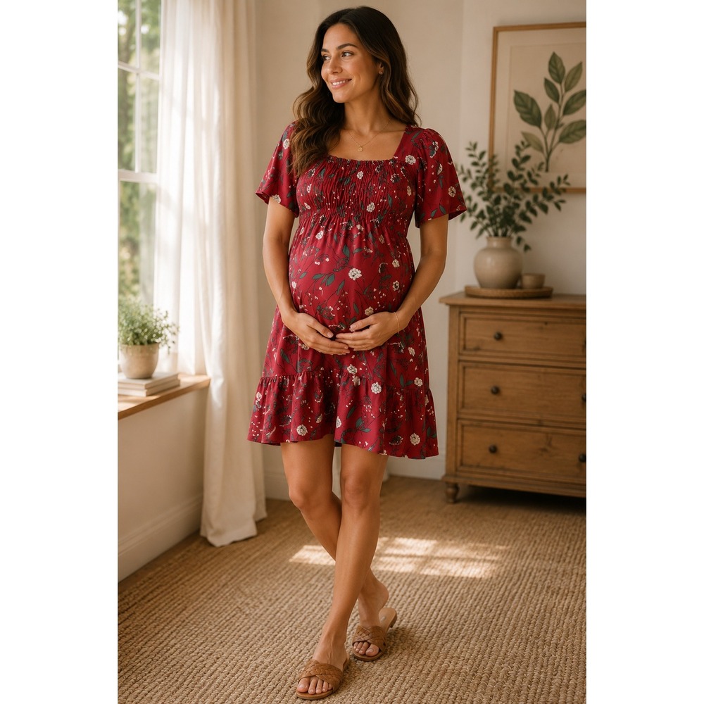 Mamamy Maternity Red Floral Dress Smocked Baby Shower Pregnancy Mini Dress